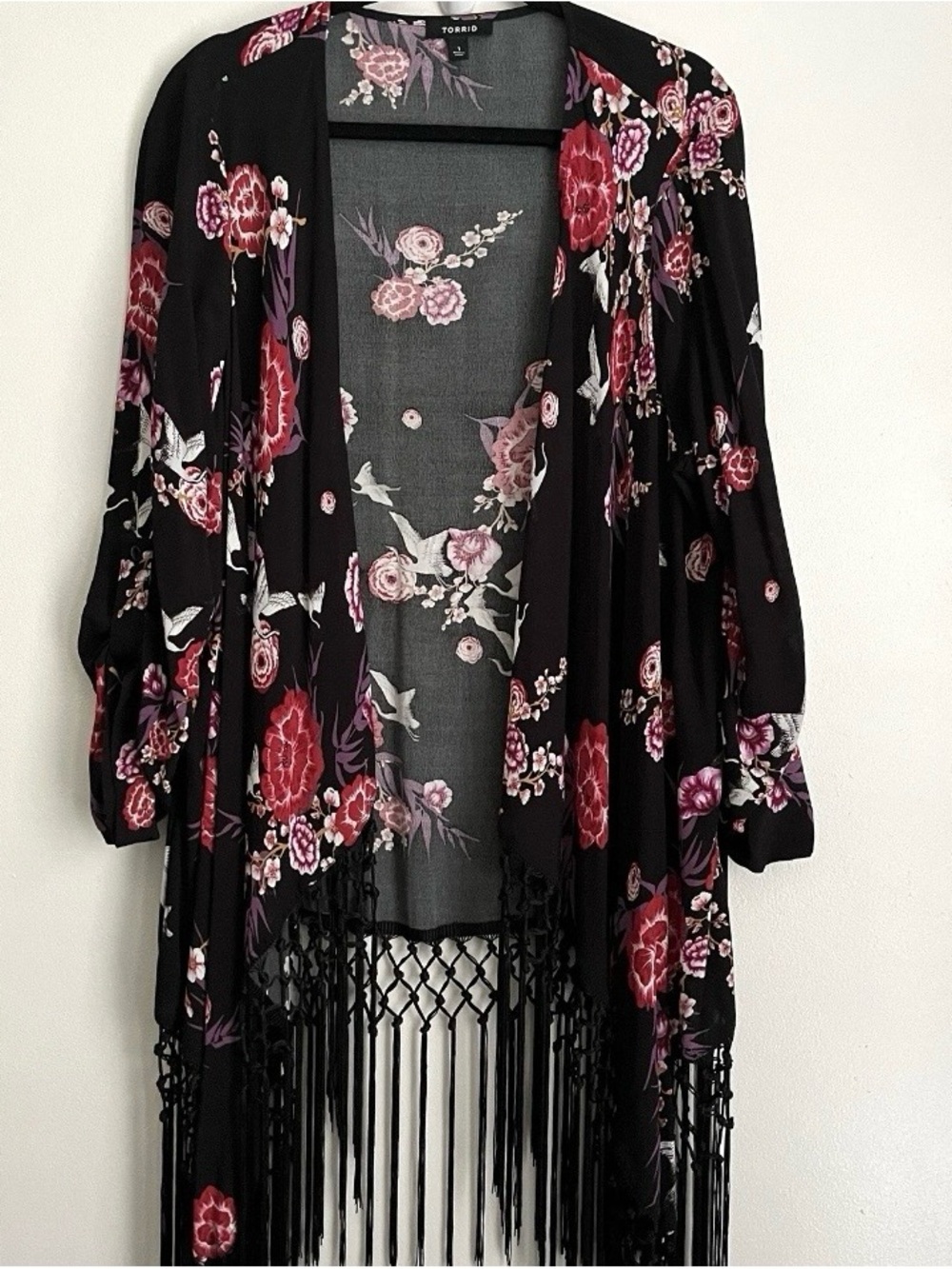 Torrid Floral Fringe Kimono 1x Black Tab 3/4 Sleeve Boho Cottagecore